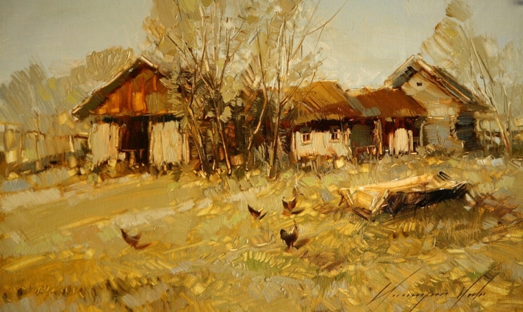 Village Farm, Landscape Original oil Painting, Handmade art, One of a Kind, Signed       